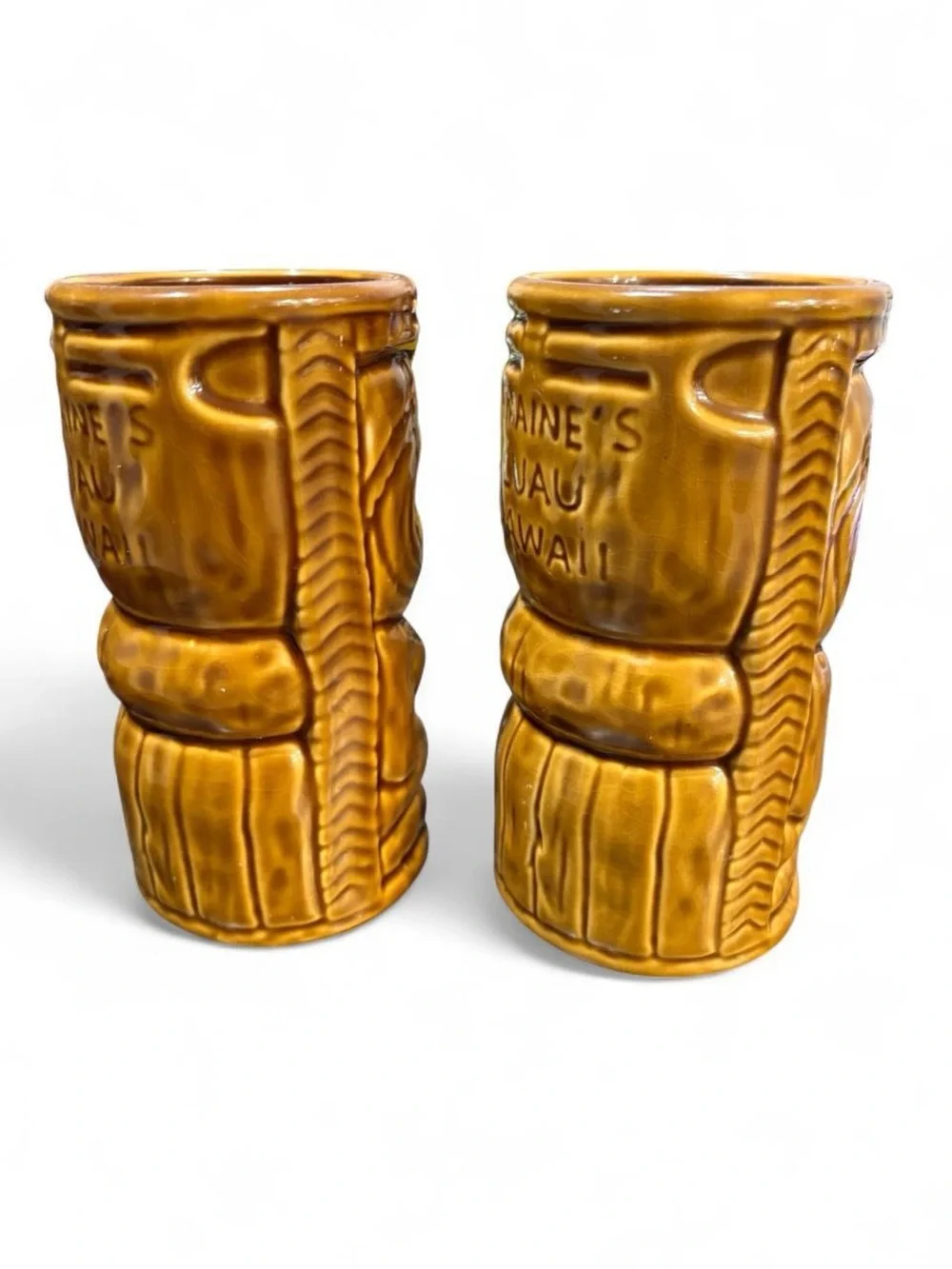 Pair of Vintage Germaine's Luau Hawaii Ceramic Tiki Mugs (2010 KC)